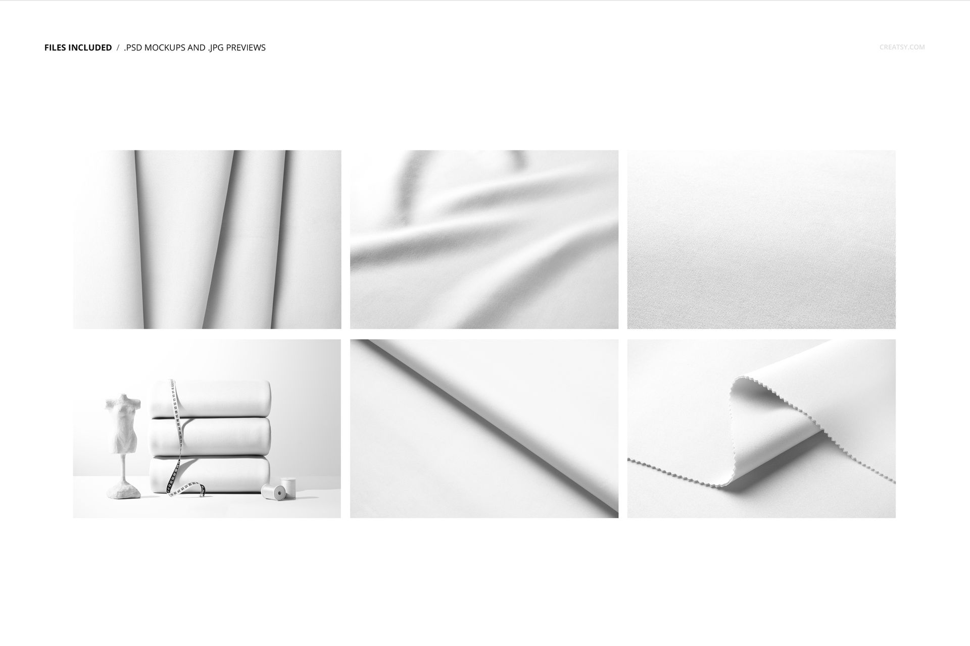 Scuba fabric mockup set featuring six different views of white textile, including close-ups and folded arrangements.