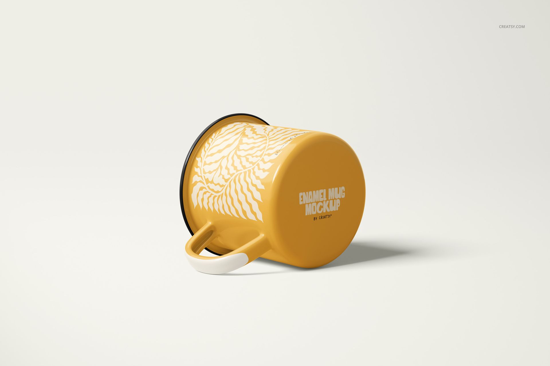 360ml enamel mug mockup featuring a yellow body with white decorative design, shown from a side perspective.