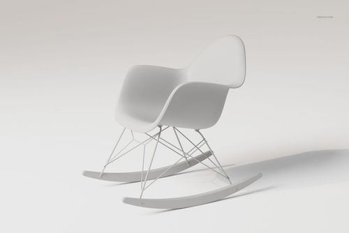 Eames style rocking chair with a smooth white seat and metal base, shown in a side angle on a light background.