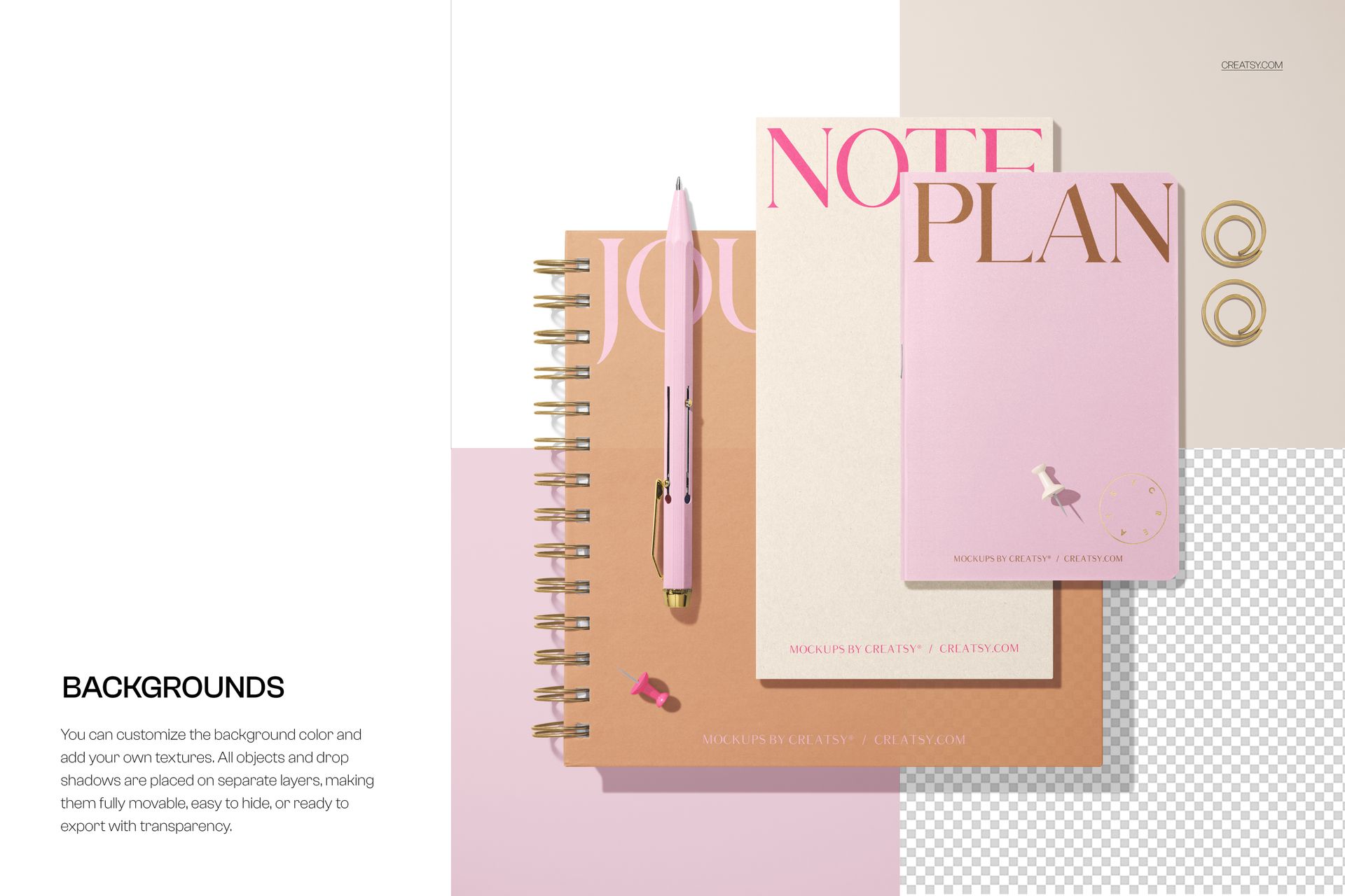 Stationery mockup featuring a spiral journal and two softcover notebooks in pink and beige tones, top view.