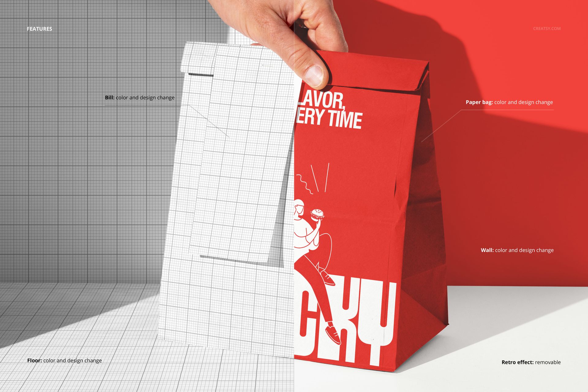 Front view of a take-out paper bag mockup with attached bill, half shown in red with graphics and half in grid outline.