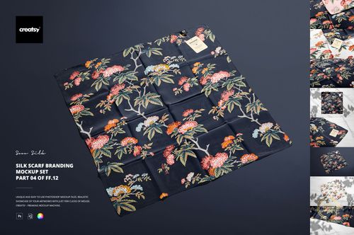 Silk scarf mockup featuring a botanical print in vibrant colors, displayed flat on a neutral surface from a top view.