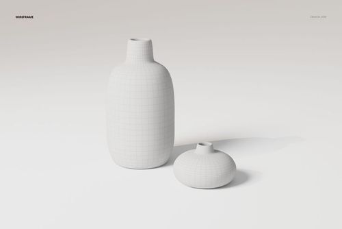 Front view of two ceramic flower vases in white, one tall and cylindrical, one short and rounded, on a plain surface.