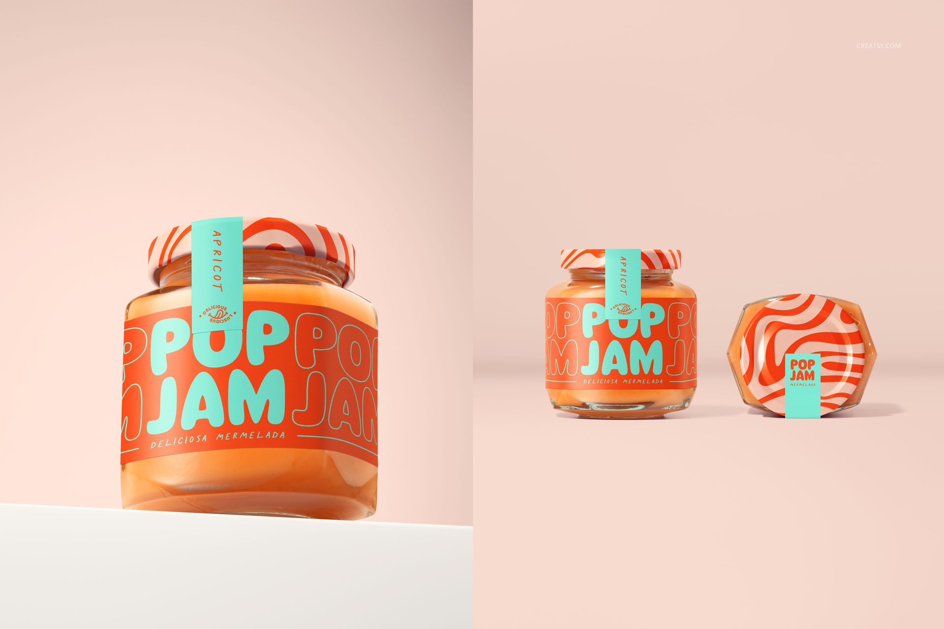 PSD mockup of apricot jam jars with colorful graphic labels, shown from front and top perspectives against a soft background.