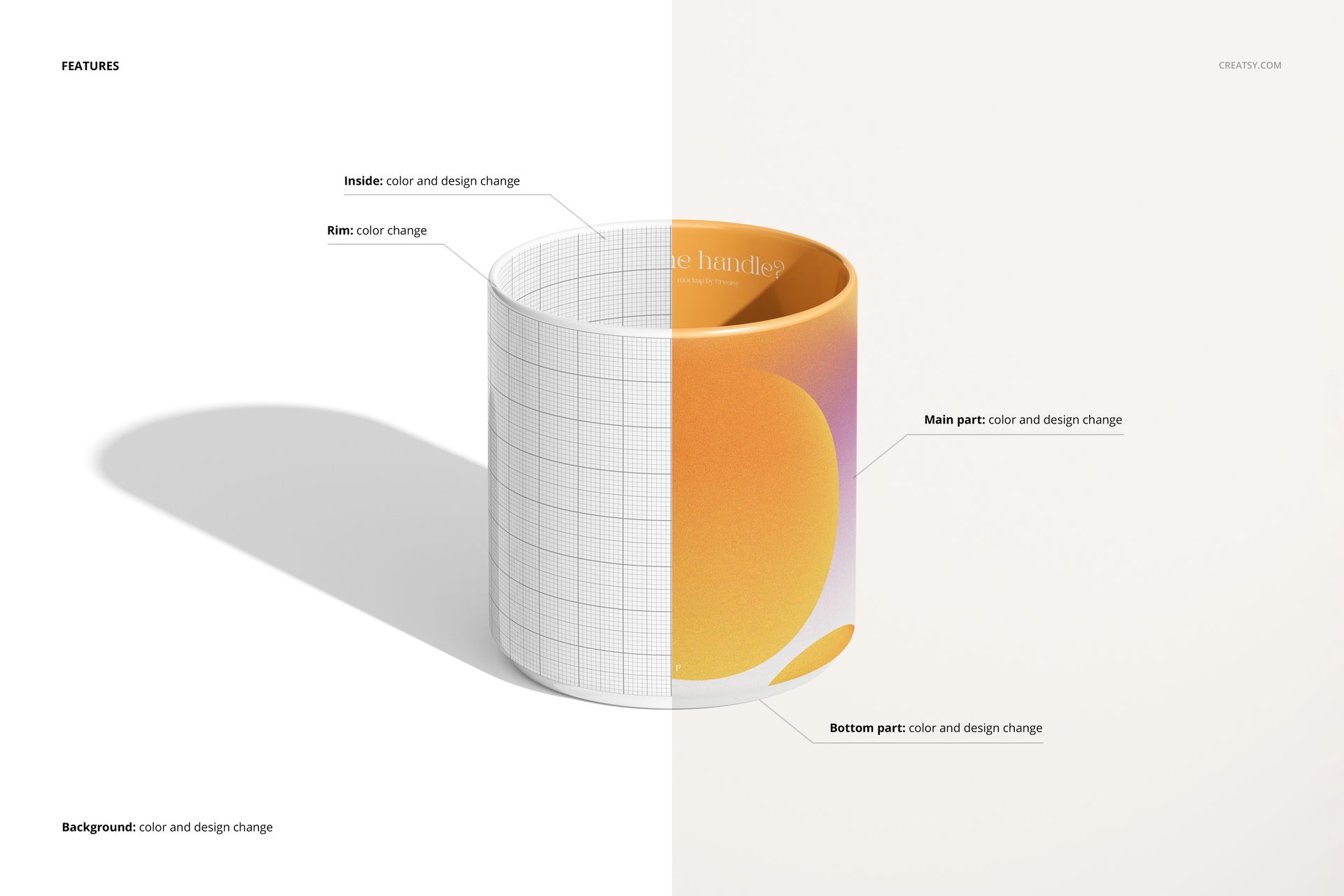 Front view of a handleless mug mockup, split to show editable grid design on the left and colorful pattern on the right.