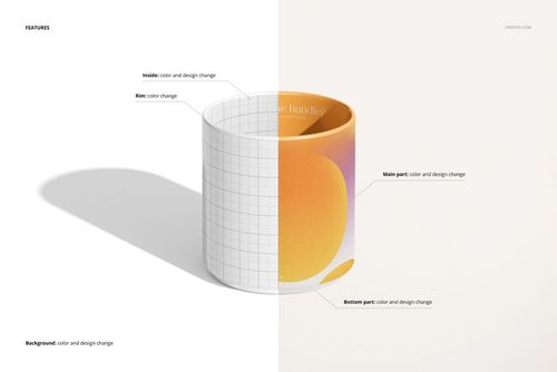 Front view of a handleless mug mockup, split to show editable grid design on the left and colorful pattern on the right.