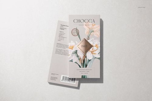 Chocolate bar packaging mockup featuring two rectangular wrappers, one face up and one face down, with floral artwork.