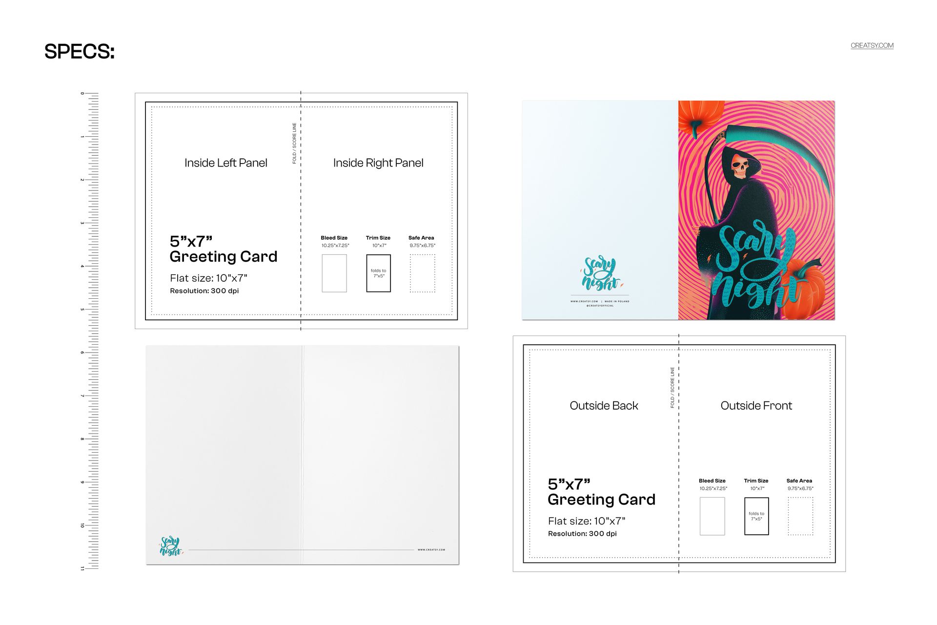 Front and back view of a 5x7 greeting card mockup featuring a grim reaper illustration with vibrant colors.