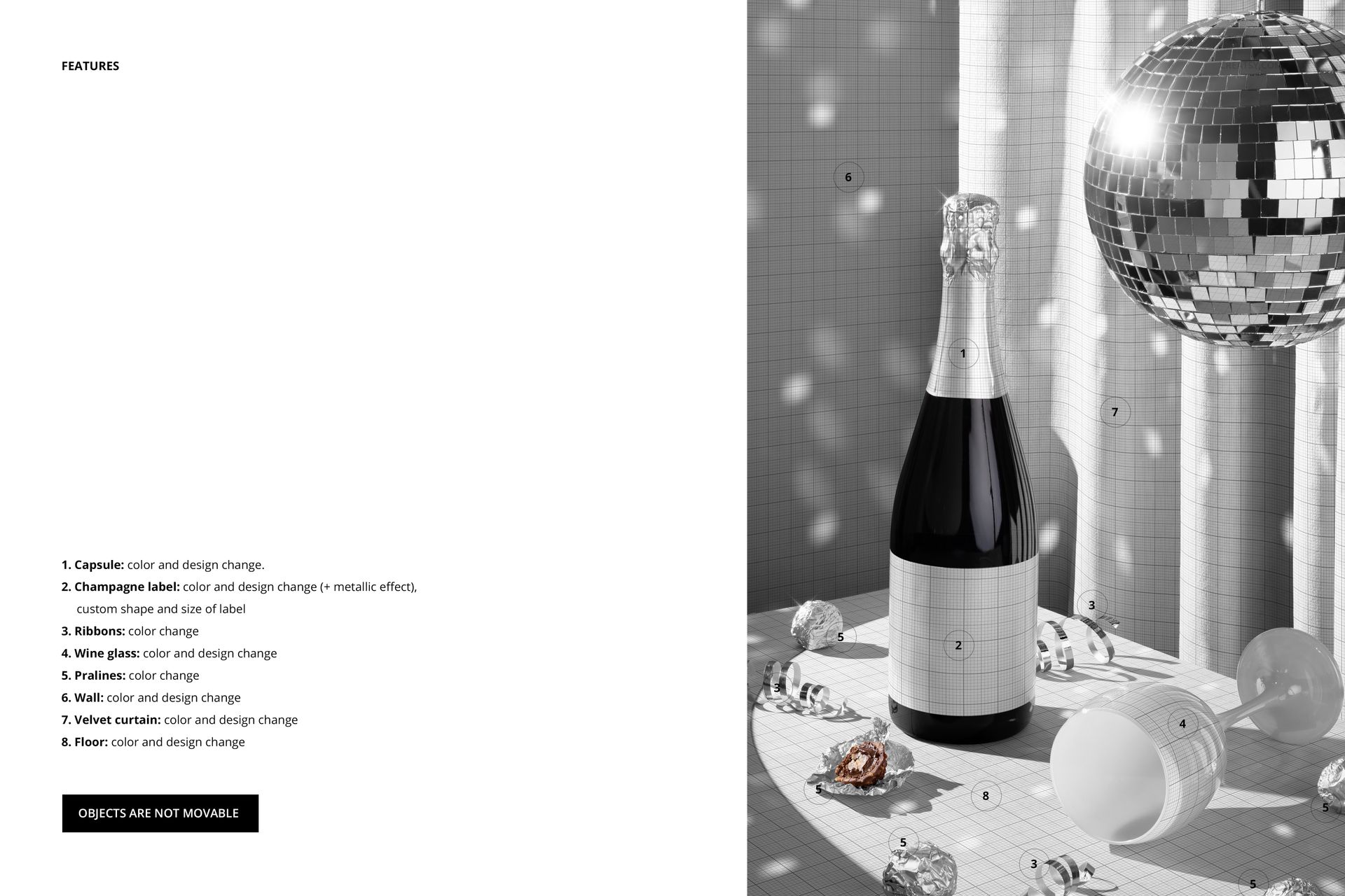 PSD mockup scene with a champagne bottle, empty wine glass, disco ball reflections, velvet curtain, and scattered candy.