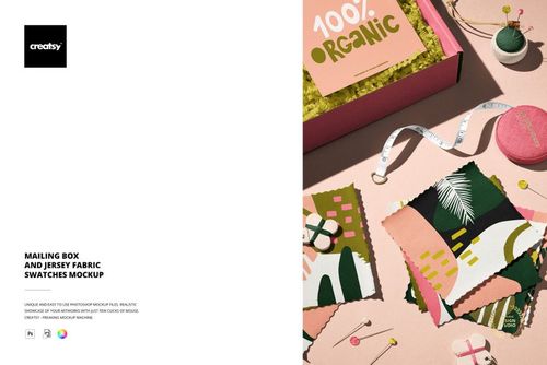 PSD mockup featuring a group of fabric swatches with bold designs next to a mailing box and crafting supplies in bright lighting.
