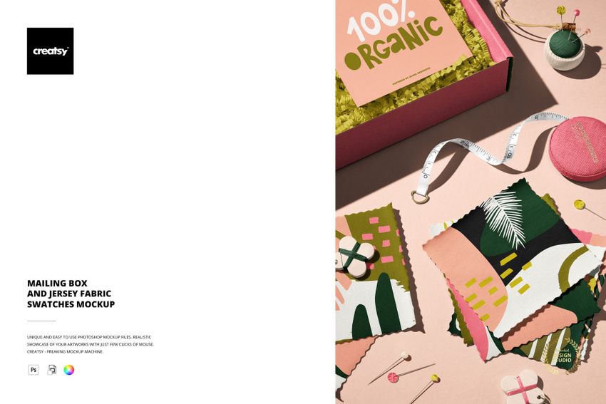 PSD mockup featuring a group of fabric swatches with bold designs next to a mailing box and crafting supplies in bright lighting.