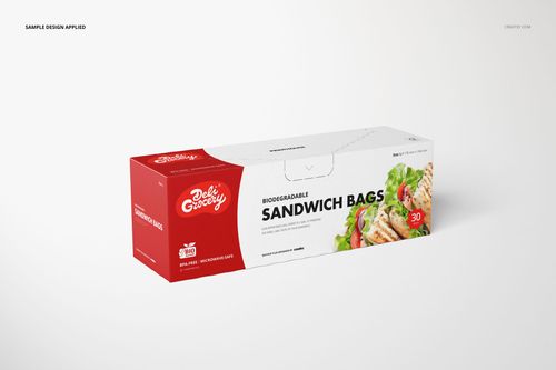 Rectangular sandwich zipper bags box mockup with red and white design, shown in a front angled view on a plain background.