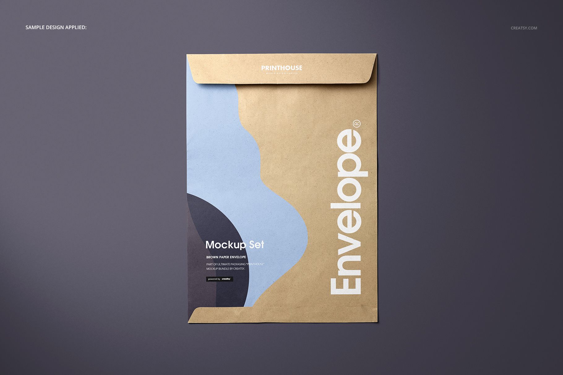 Front view of a brown paper envelope mockup with a minimalist blue and black pattern, shown on a dark background.