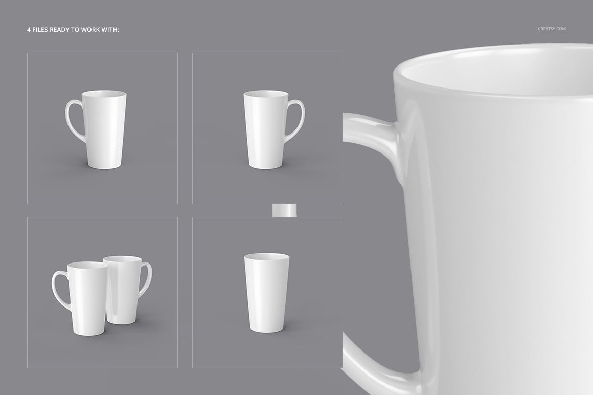 White 17 oz latte mug mockup set displayed on a gray background, showing multiple angles and a close-up view.