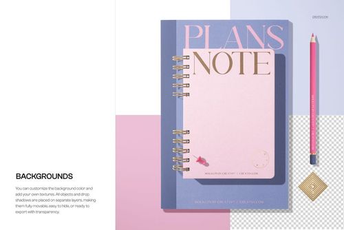 Spiral-bound planner and notebook mockup with pink and blue covers, gold spiral binding, and matching pencil on a color-blocked background.