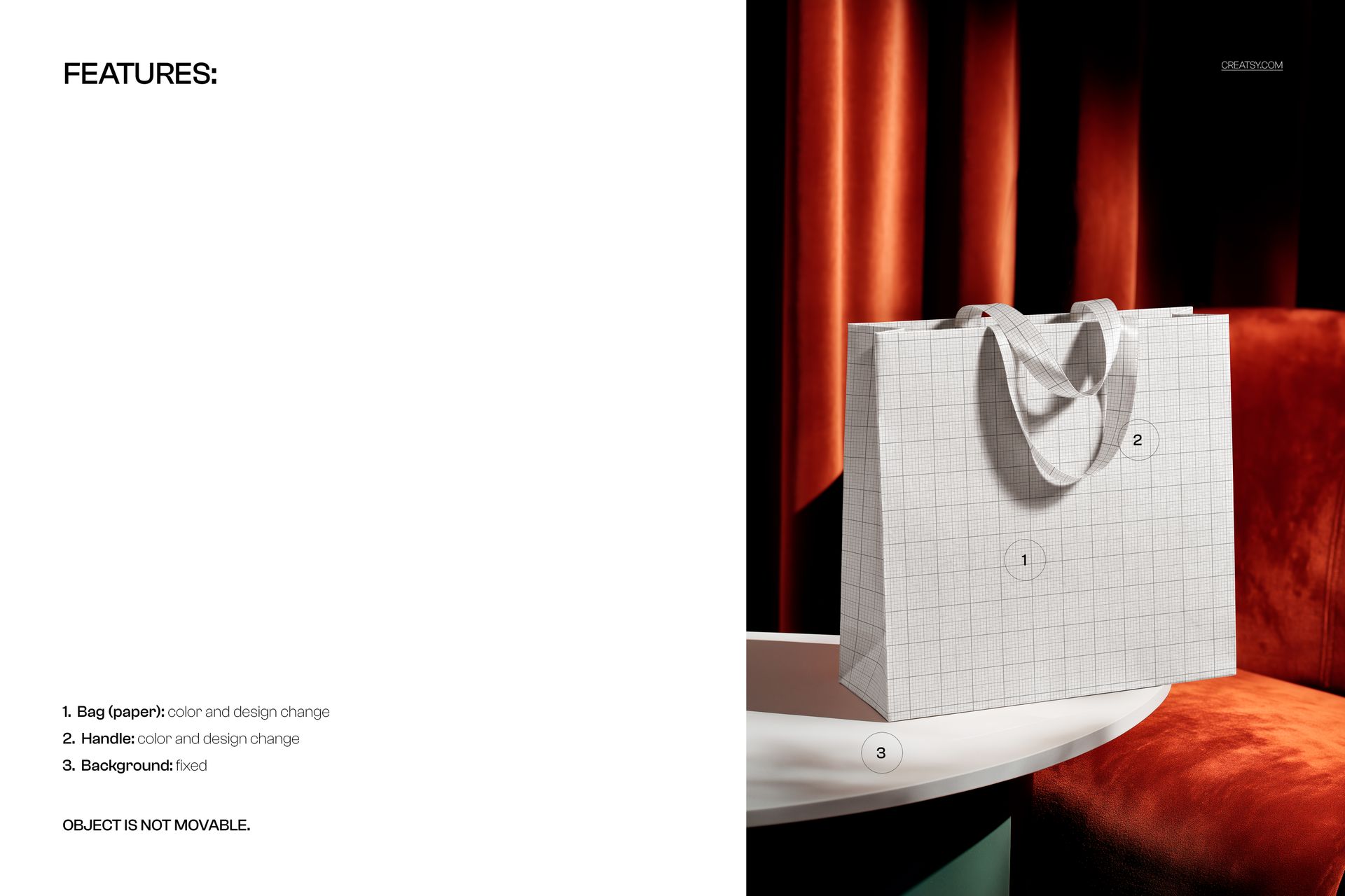 Luxury paper shopping bag with ribbon handles mockup shown in front view on a table, set against a red curtain background.