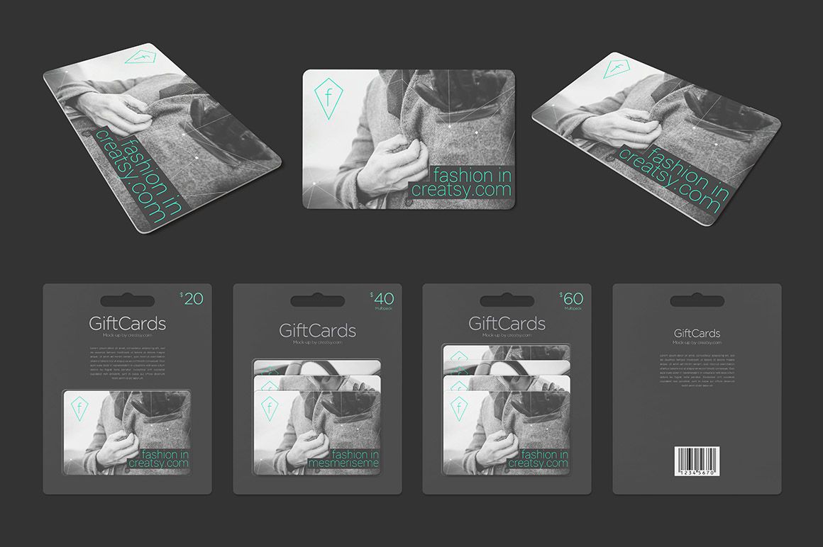 Gift card mockup set displayed in various pack sizes and angles, featuring grayscale cards with teal accents.