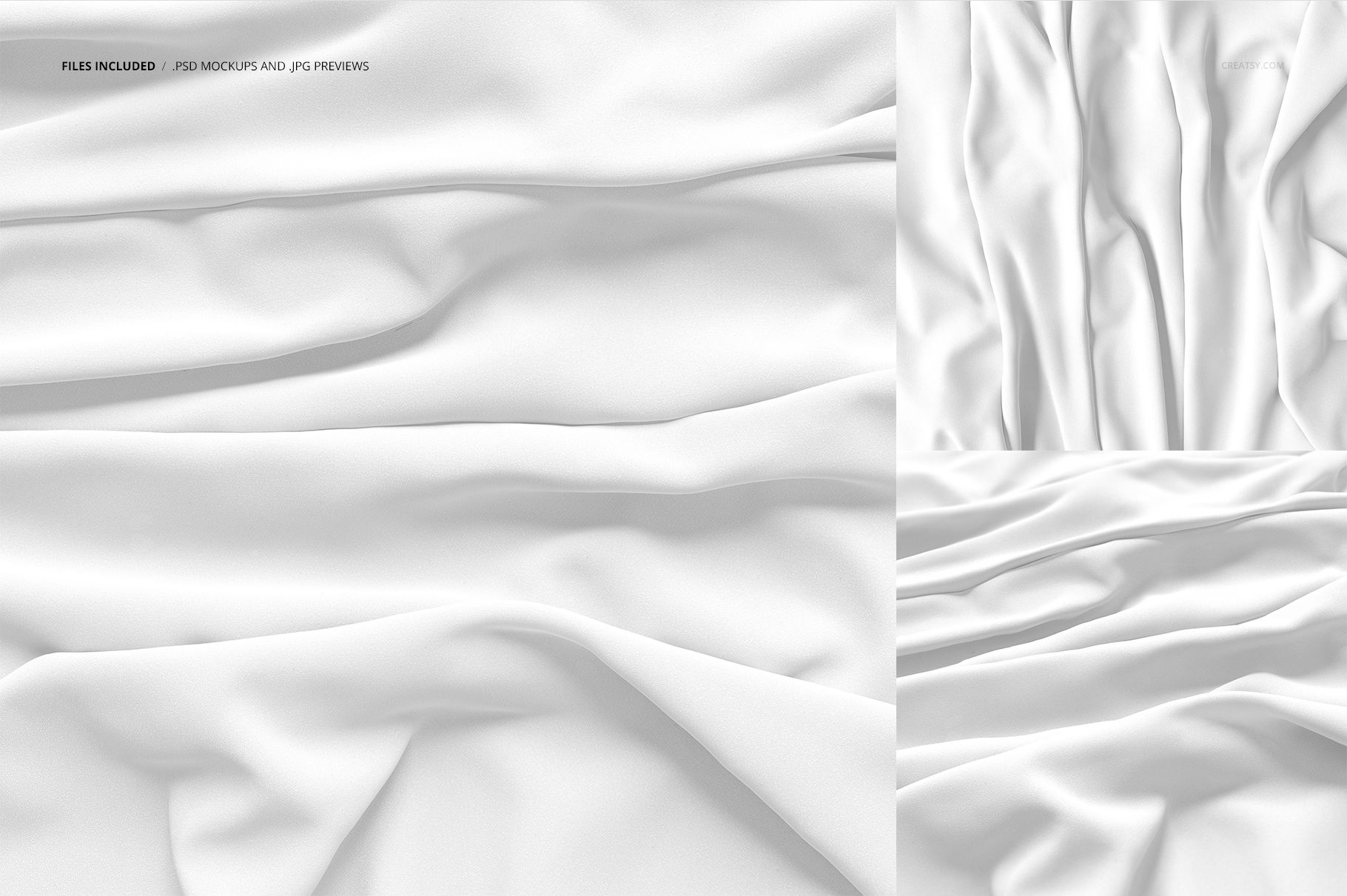 Close-up view of semi-transparent silk fabric mockup with soft folds and smooth white texture in three sections.