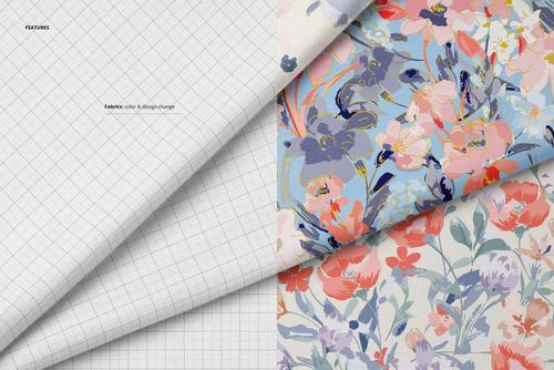 Overlapping jersey fabrics mockup showing three layers with colorful floral patterns and a grid texture, top view.