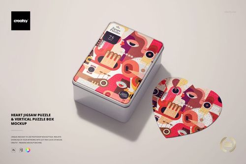 PSD mockup of a heart-shaped puzzle and vertical box with modern abstract artwork, viewed from a slightly elevated perspective.