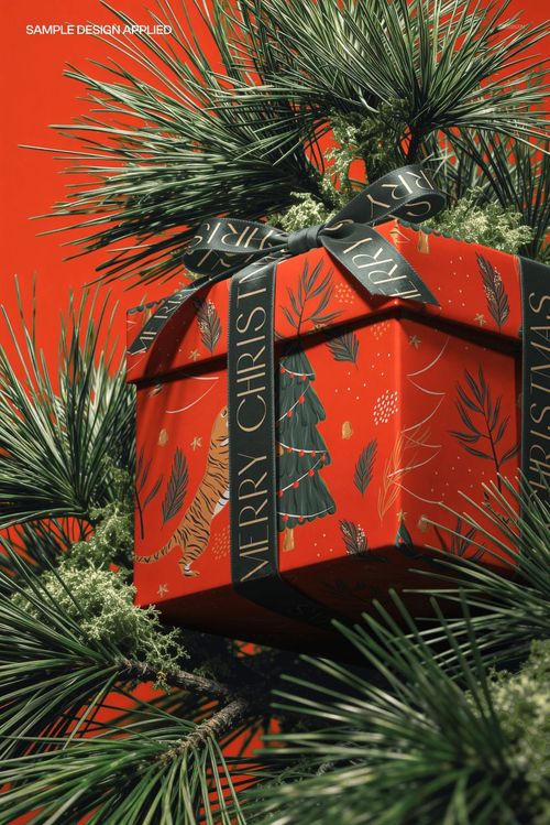 Christmas gift box mockup with satin bow, decorated with festive patterns and placed among pine branches.