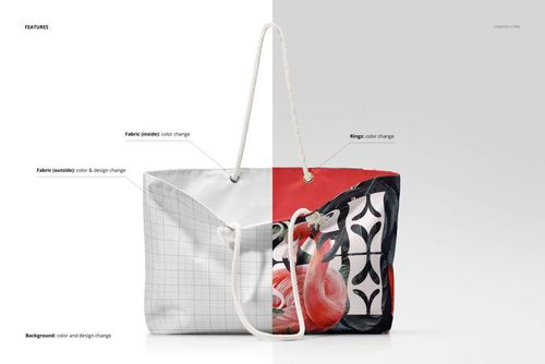Weekender bag mockup with split design showing editable fabric, rings, and background; left side is gray grid, right side features flamingo and geometric patterns.