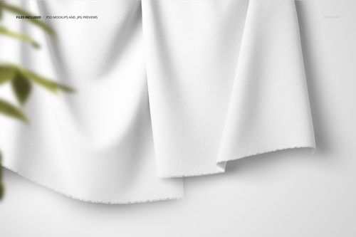 PSD mockup of plain white fabric hanging, featuring subtle texture and realistic draping in a bright setting.