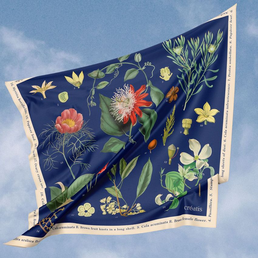 Silk scarf mockup floating in the air, featuring a botanical pattern with colorful flowers and green leaves on a dark blue background.