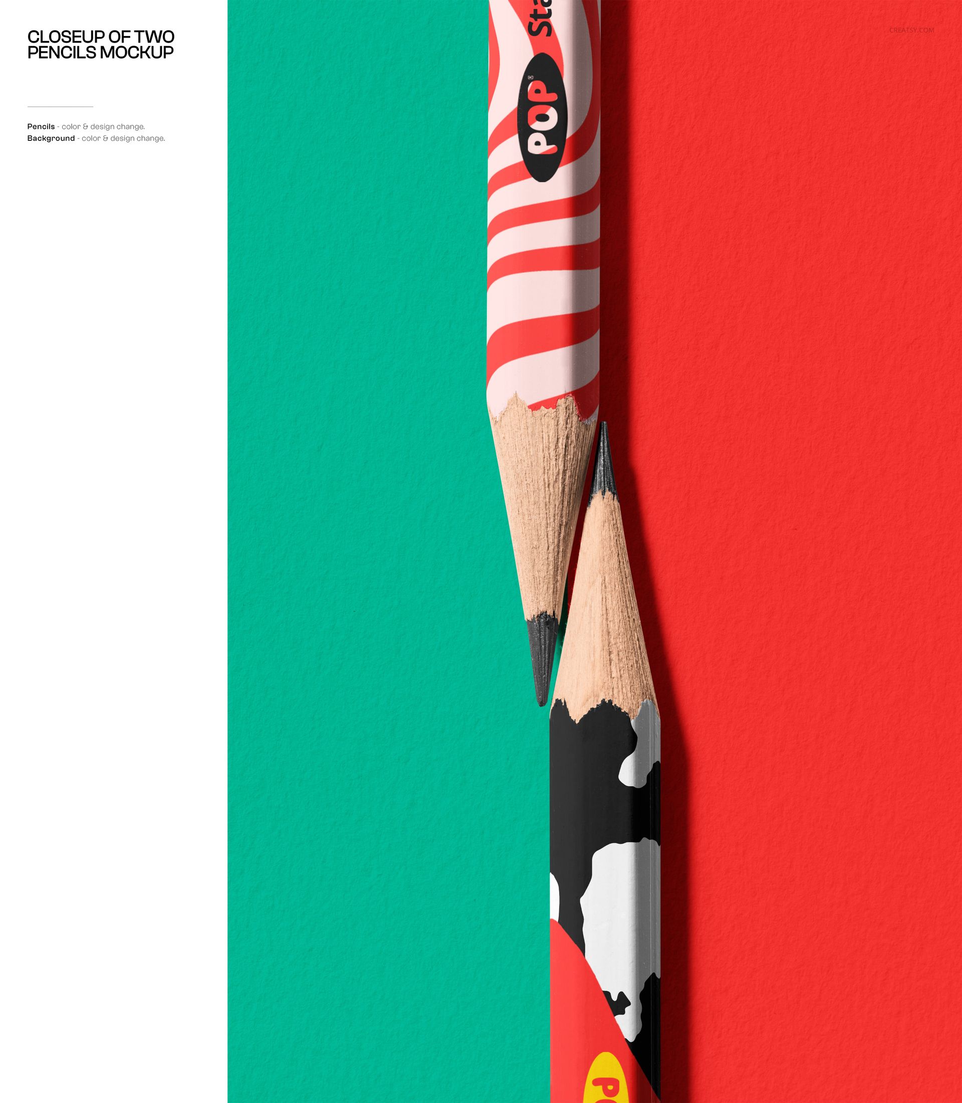 Close-up front view of two sharpened pencils with colorful patterned designs on a red and teal background.