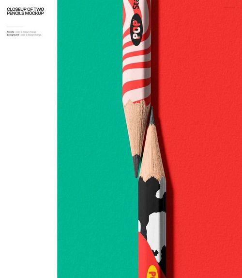 Close-up front view of two sharpened pencils with colorful patterned designs on a red and teal background.