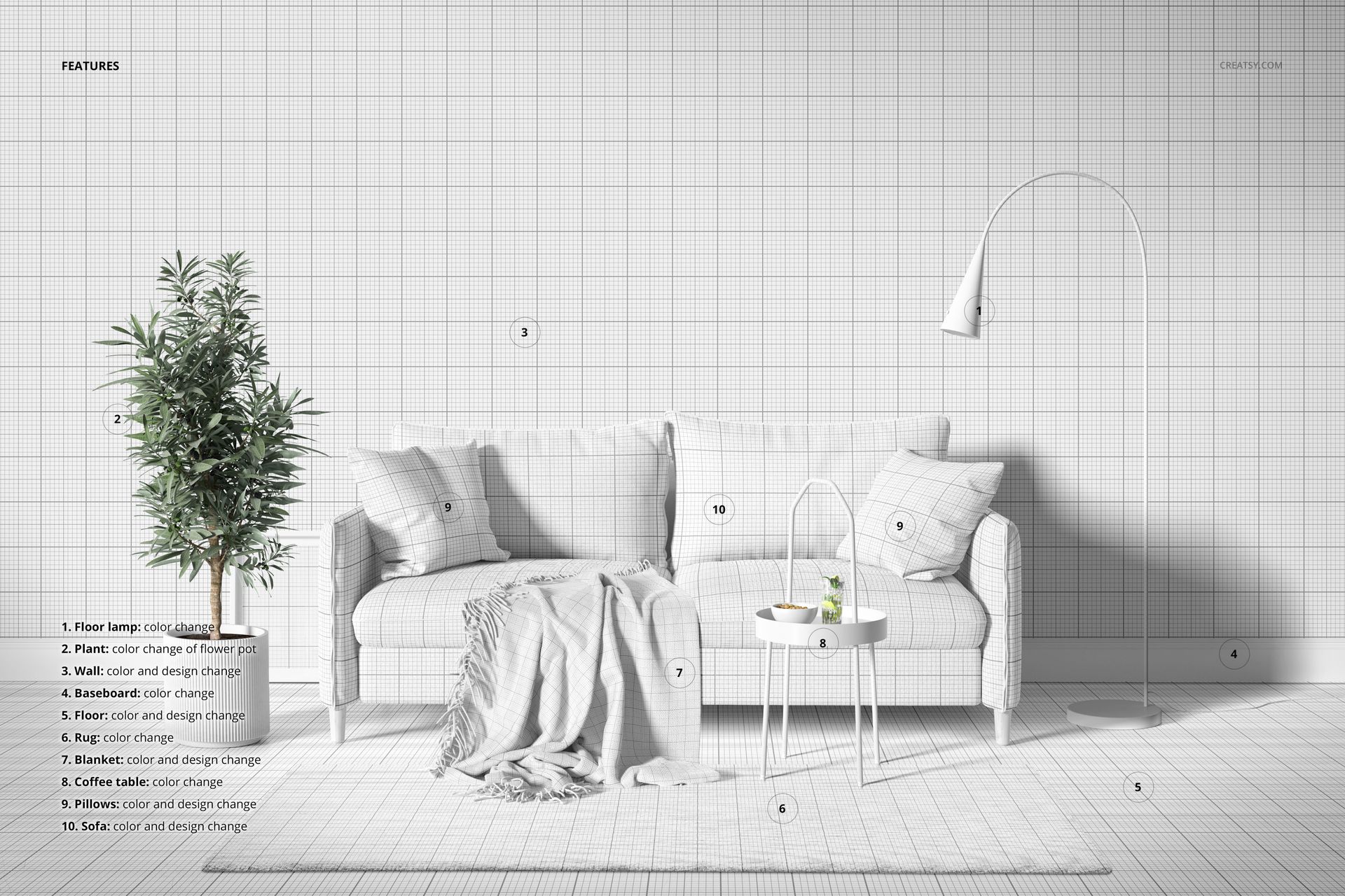 White sofa with cushions and a throw blanket, set against a grid-patterned wallpaper mockup, with a potted plant nearby.
