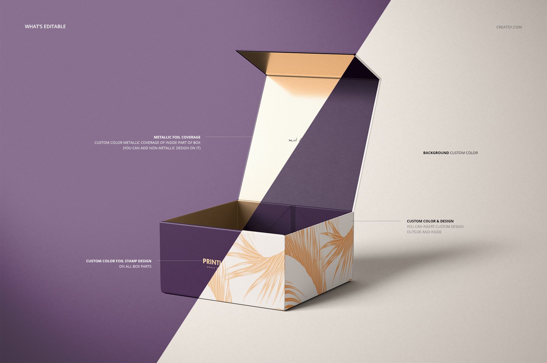 Magnetic gift box mockup shown at an angle, with lid open, featuring purple and beige colors and leaf patterns.