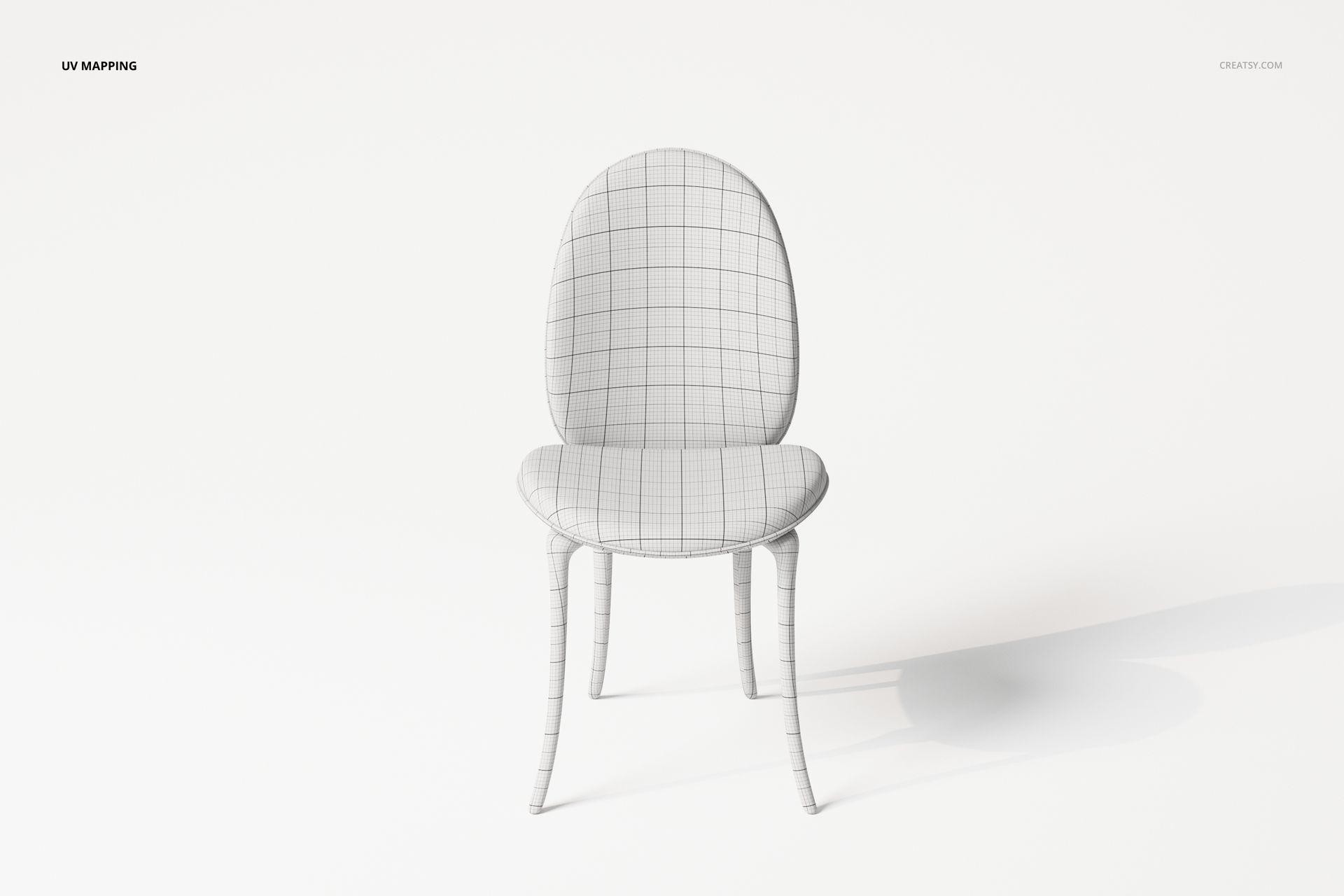 Front view of a classic-style chair 3D model with curved legs and a grid-patterned surface on a white background.