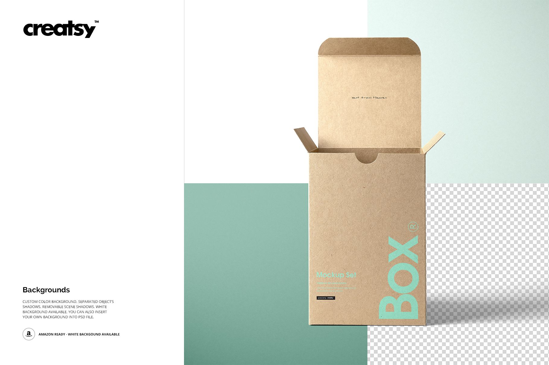 Kraft tuck top gift box mockup shown upright with open flaps, set against a split white and teal background.