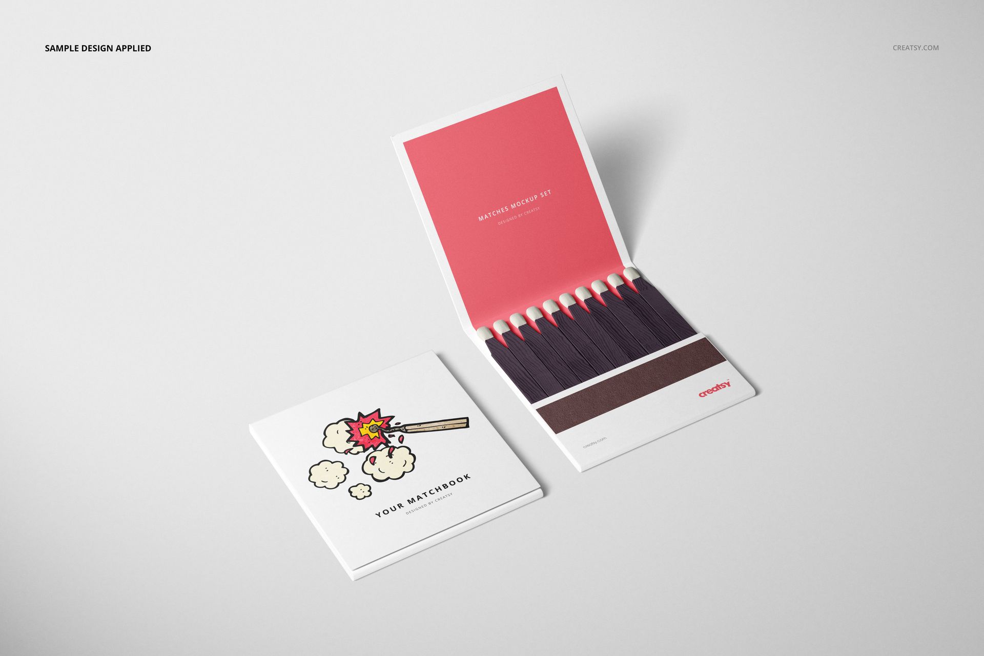 Open and closed matchbook mockups on a light surface, featuring a cartoon matchstick design and red interior.