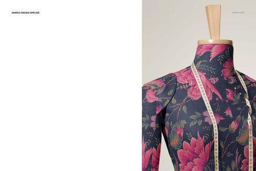 Dressmaker’s mannequin mockup with colorful floral print fabric, wooden neck top, and measuring tape, shown from the front.