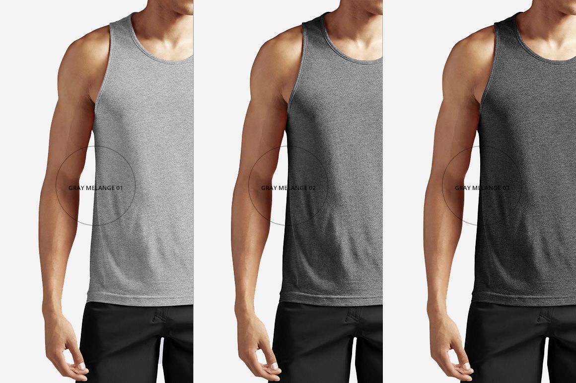Men’s tank top mockup set showing three variations in gray, worn by a male model with black shorts.