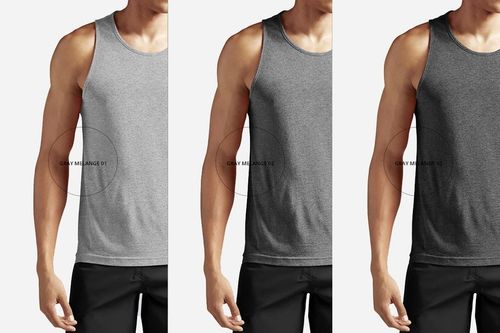 Men’s tank top mockup set showing three variations in gray, worn by a male model with black shorts.