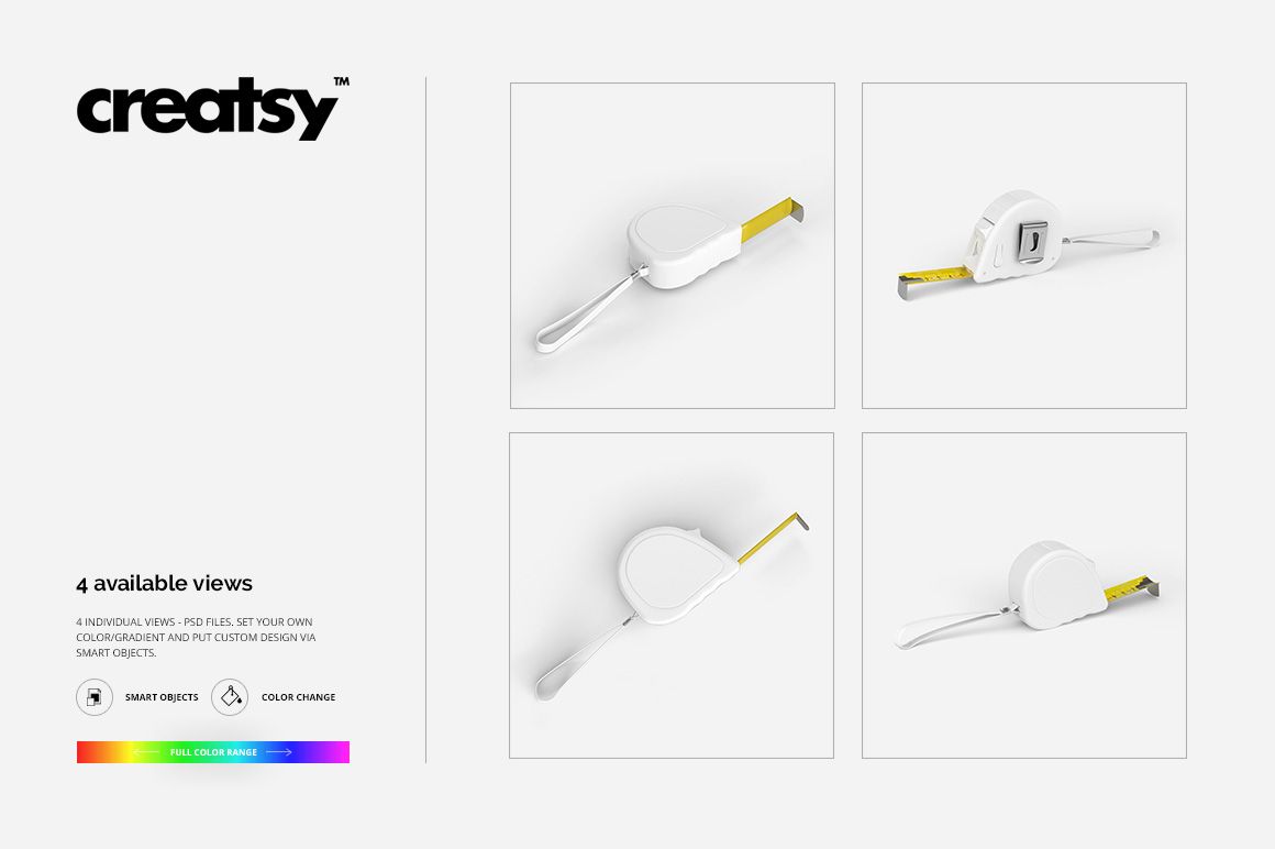 Tape measure mockup set showing four different views of a white and yellow tape measure on a light background.