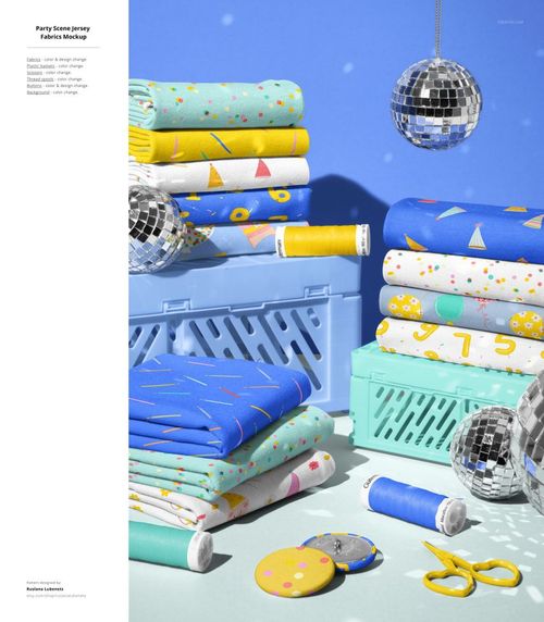 Layered jersey fabric mockup featuring playful prints, blue crates, sewing tools, and reflective disco balls in the scene.