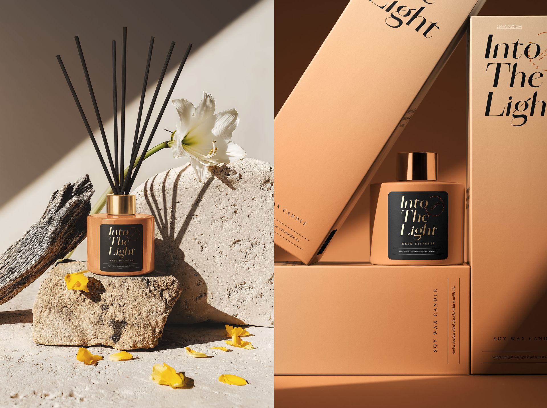 Glass reed diffuser mockup with black reeds and gold cap, placed on textured rocks with floral accents.