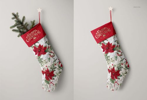 Christmas stocking mockup with red cuff and festive floral pattern, shown hanging on a light wall, front view.