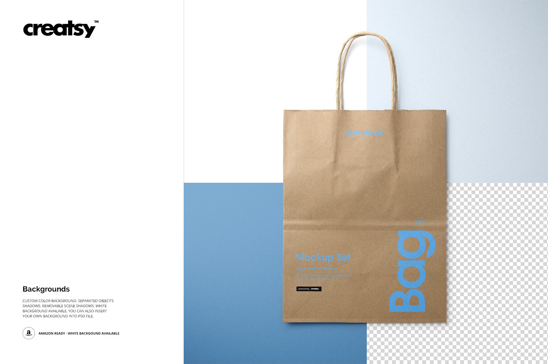 Natural kraft shopping bag mockup displayed upright with twisted paper handles against a split blue and white backdrop.