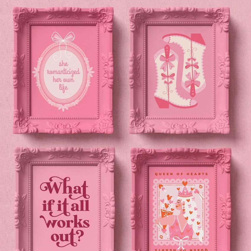 Poster mockup showing four ornate pink picture frames on a pink wall, each displaying colorful prints with playful designs.