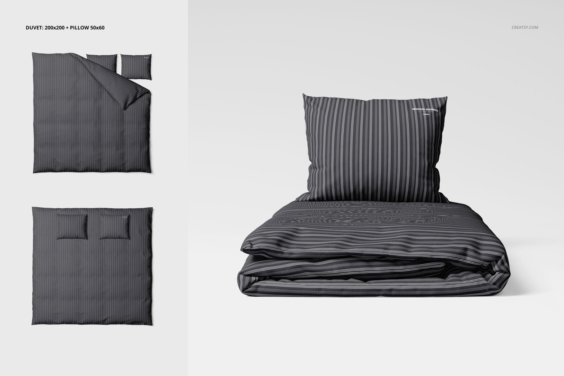Front view of a bedding set mockup featuring a striped dark gray duvet and two matching pillows on a white background.