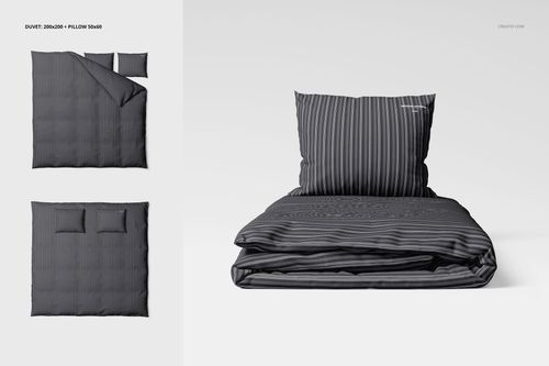 Front view of a bedding set mockup featuring a striped dark gray duvet and two matching pillows on a white background.
