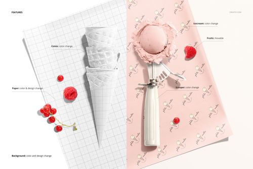 Food safe paper mockup set featuring ice cream cones and a scoop on patterned paper, shown in a top view split scene.