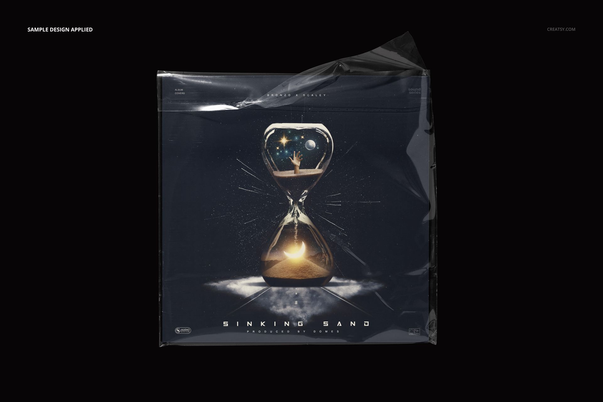 Front view of a wrapped vinyl cover mockup featuring an hourglass design, displayed against a solid black background.