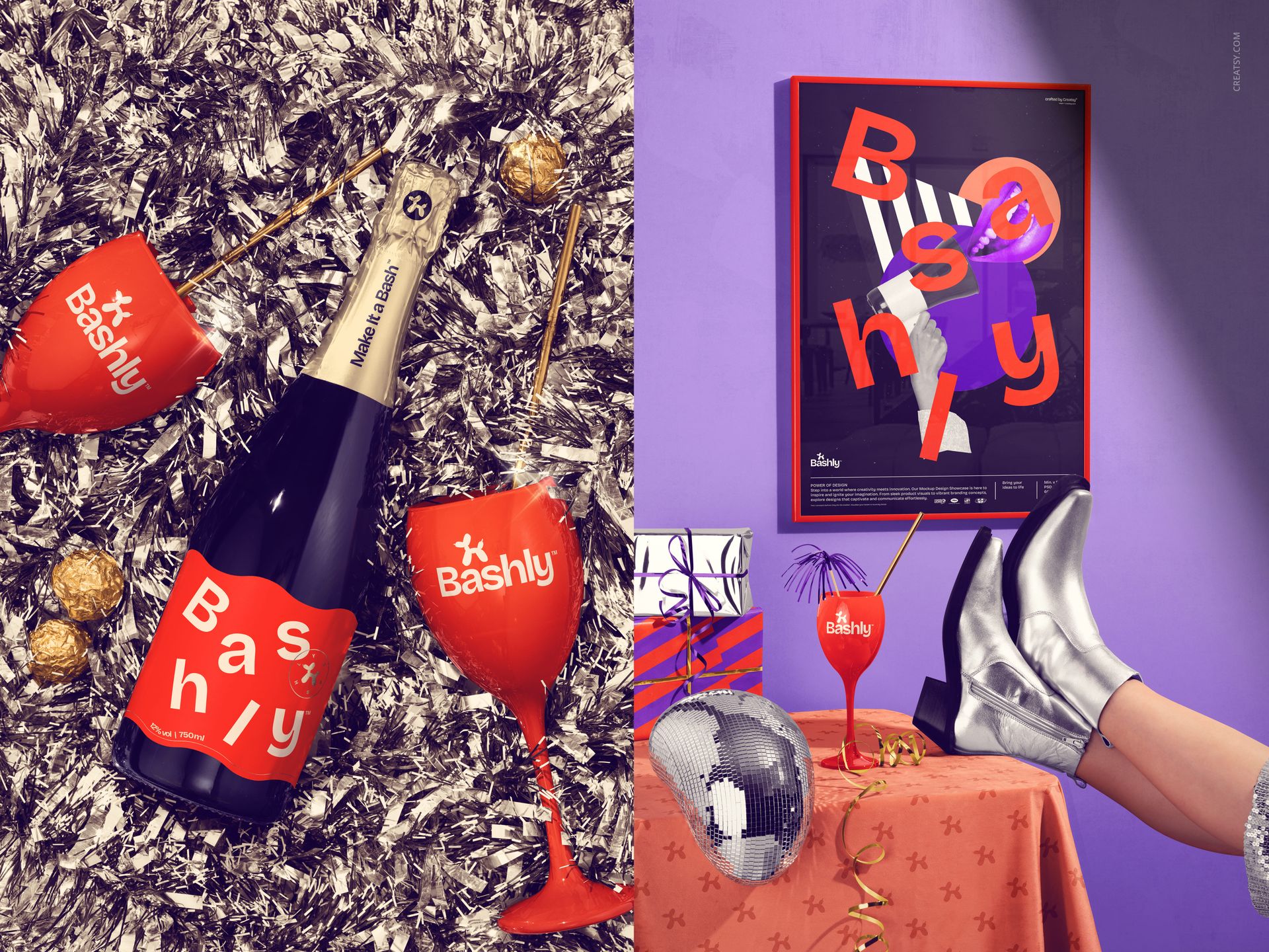 Party-themed mockup scene featuring a champagne bottle, red wine glass, and festive decorations on a tinsel background.