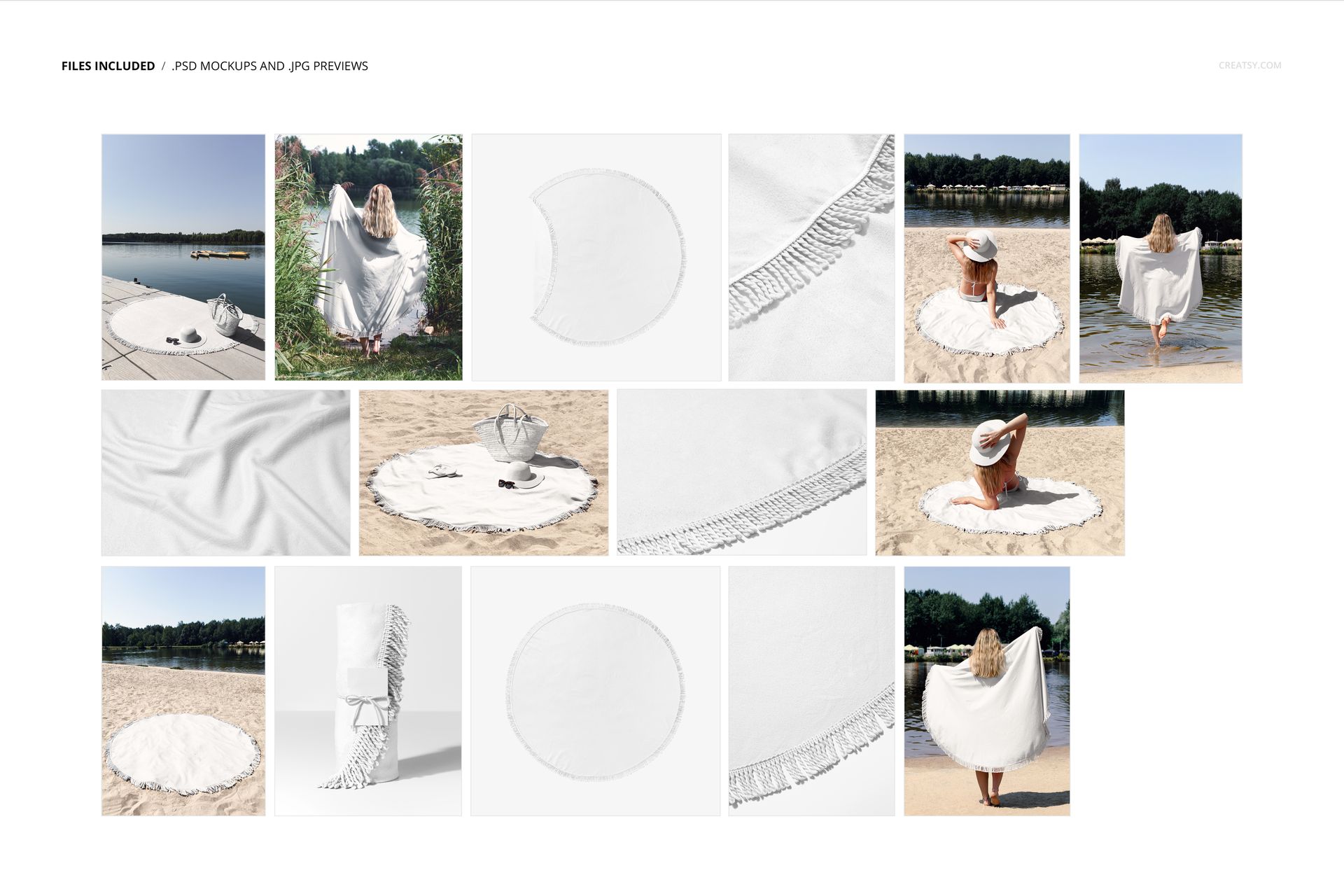 Round fringed beach towel mockup displayed in various outdoor scenes, featuring top and side views on sand and near water.